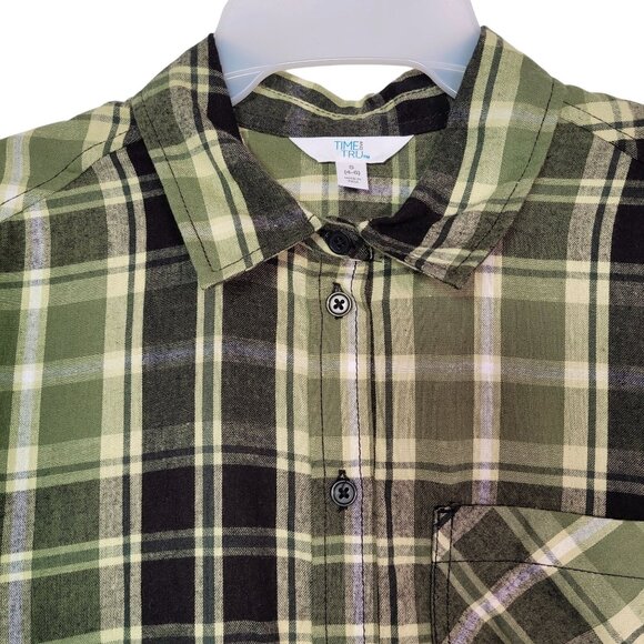 Time & Tru Women's Plaid Button-Up Long Sleeve Shirt Green & Black Small (4-6) - Picture 3 of 11